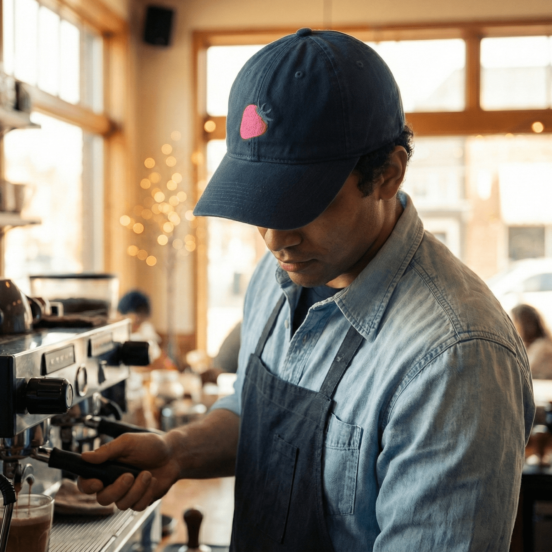 Heated Rivalry Inspired strawberry embroidered baseball cap on a Barista operating an espresso machine in a coffee shop. 