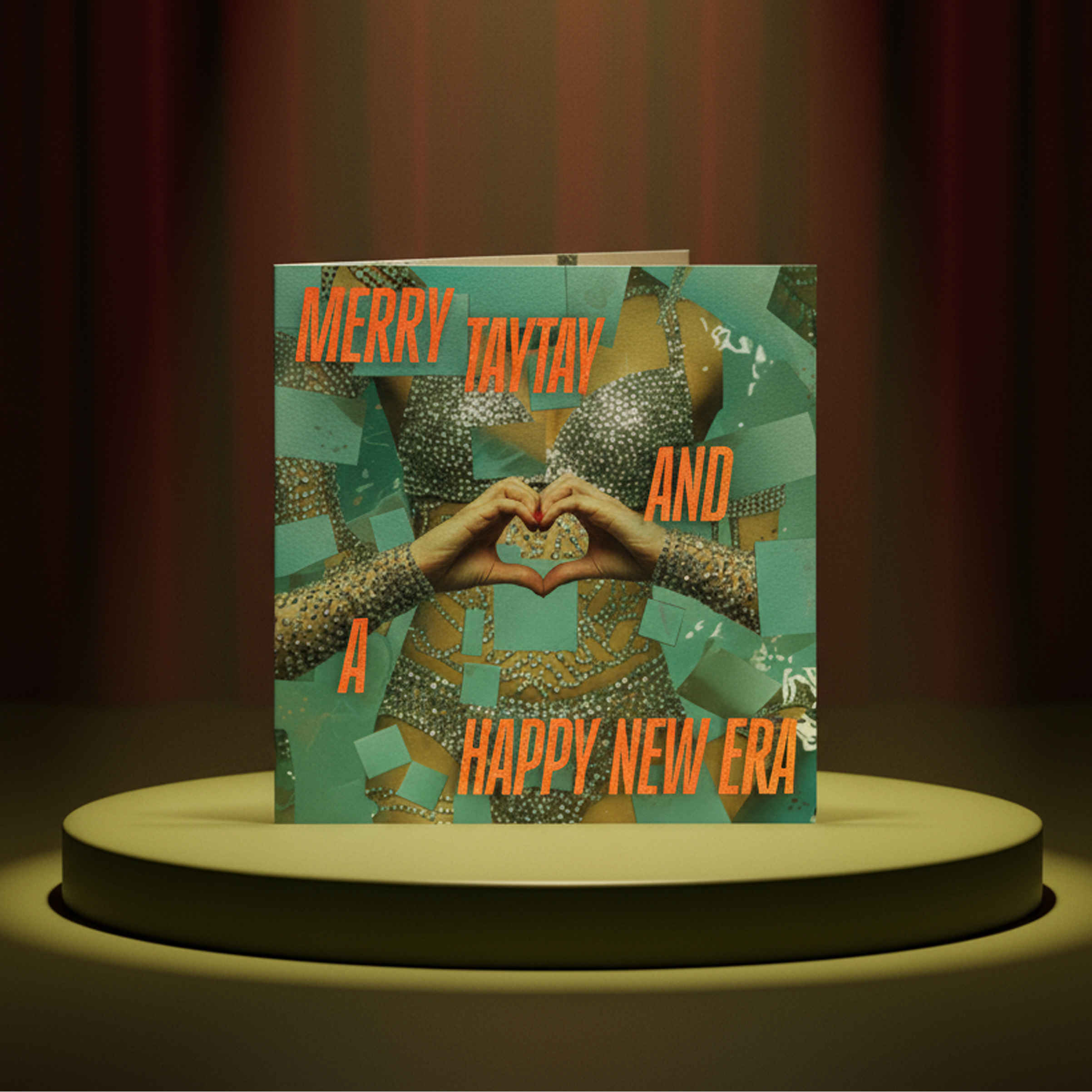 Card with 'Merry Taytay and a Happy New Era' text on a dark background. Taylor Swift inspired holiday card. The Life of a showgirl - fate of ophelia inspired.